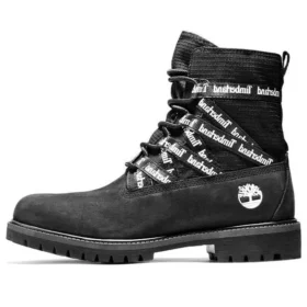 6-Inch Premium-Stiefel aus hochwertigem Stoff und Leder „Schwarze Logo-Riemen“