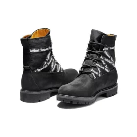 6-Inch Premium-Stiefel aus hochwertigem Stoff und Leder „Schwarze Logo-Riemen“