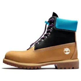 Premium 6-Inch Waterproof Stiefel mit breiter Passform „Weizenfarbenes Nubukleder mit schwarzem und blauem Kragen“