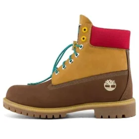 Premium 6-Inch Waterproof Boot mit breiter Passform, wasserdicht „Braunes Nubukleder mit gelbem und rotem Kragen“